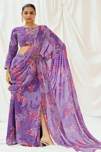 Violet floral printed georgette saree