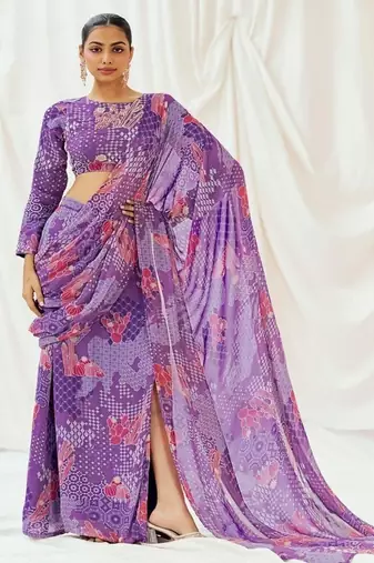 Violet floral printed georgette saree