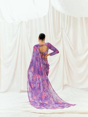 Violet floral printed georgette saree 2