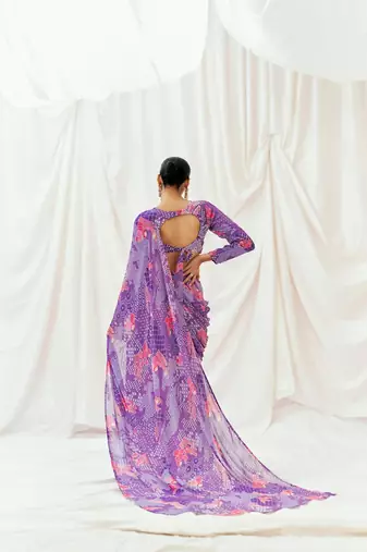 Violet floral printed georgette saree