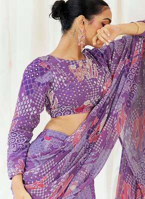 Violet floral printed georgette saree 3
