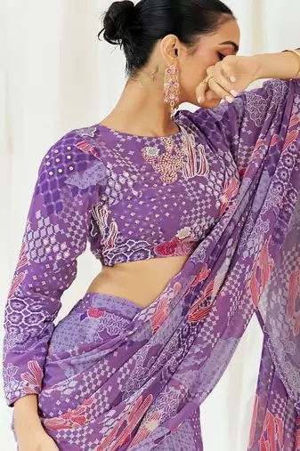 Violet floral printed georgette saree