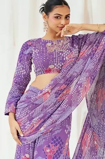 Violet floral printed georgette saree