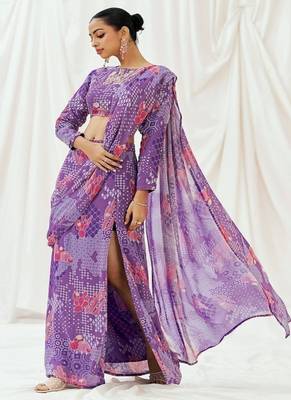 Violet floral printed georgette saree 5