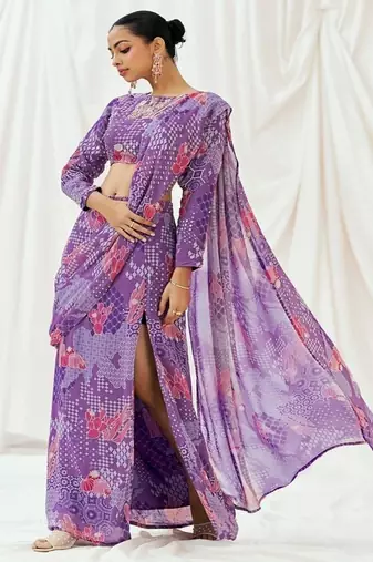 Violet floral printed georgette saree