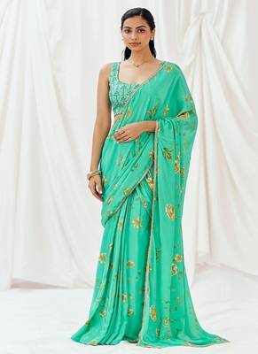 Turquoise floral printed crepe saree 1