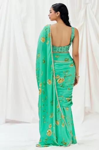 Turquoise floral printed crepe saree