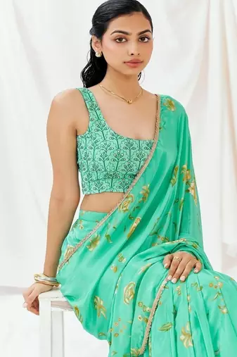 Turquoise floral printed crepe saree