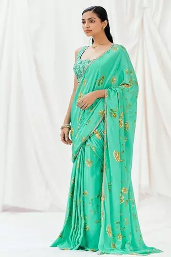 Turquoise floral printed crepe saree