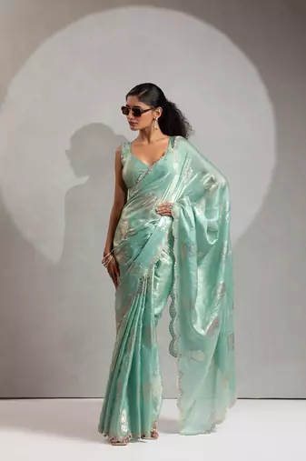 Firozi color hand work zharkhan stone satin silk saree with blouse