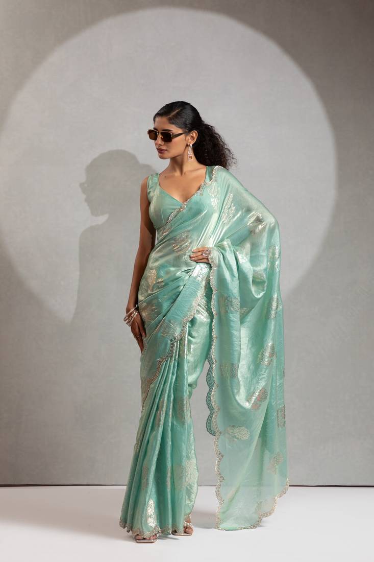 Firozi color hand work zharkhan stone satin silk saree with blouse