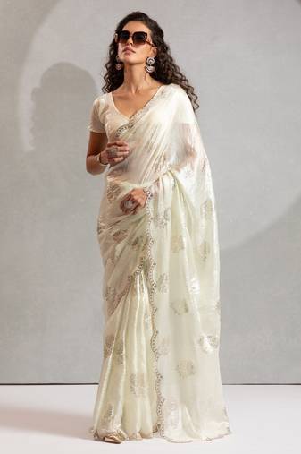 Off-white hand work zharkhan stone satin silk saree with blouse