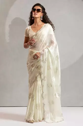 Off-white hand work zharkhan stone satin silk saree with blouse