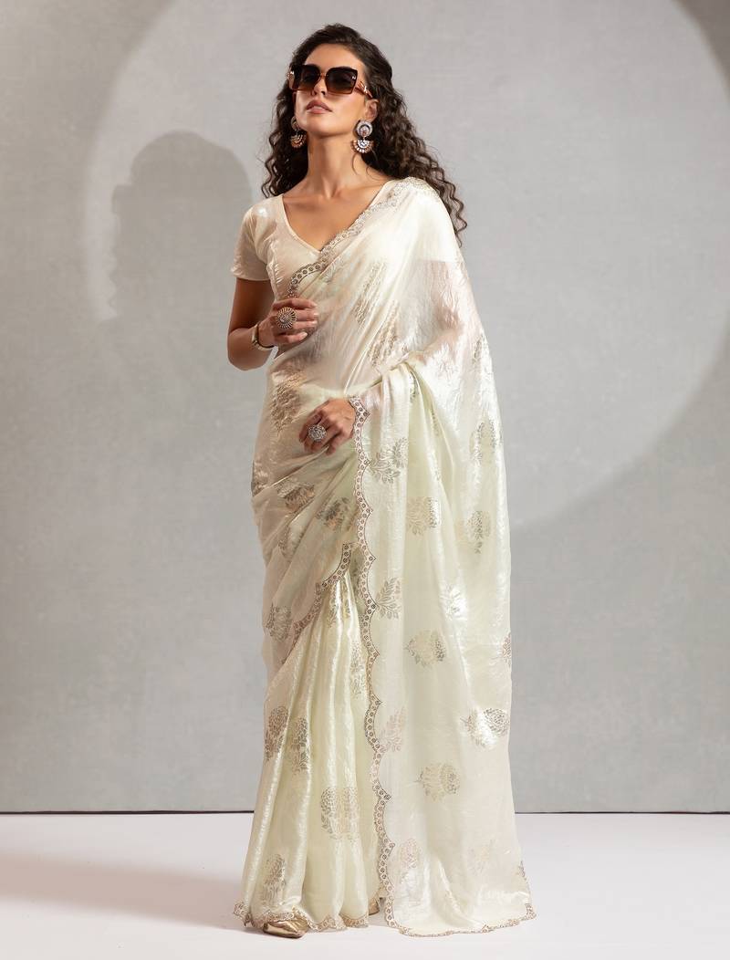 Off-white hand work zharkhan stone satin silk saree with blouse