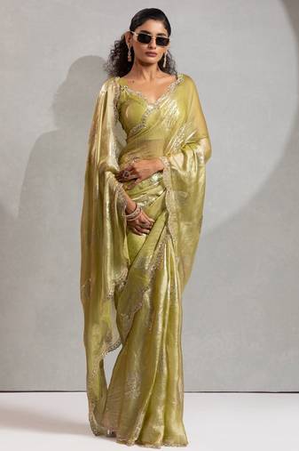 Elaichi color hand work zharkhan stone satin silk saree with blouse