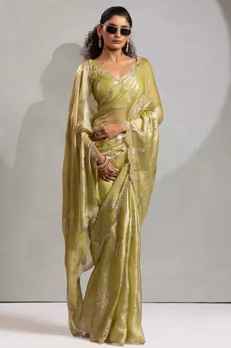 Elaichi color hand work zharkhan stone satin silk saree with blouse