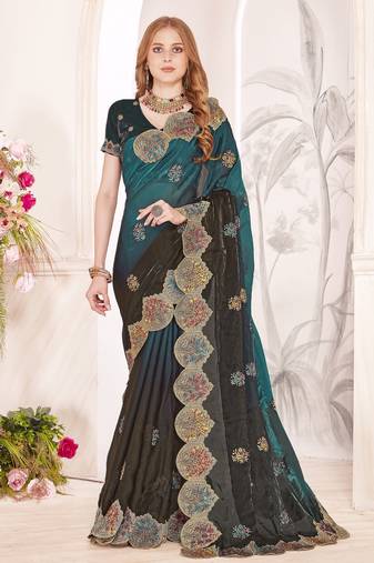 Rama color zari resham embroidery fendy satin silk two tone shade saree with blouse