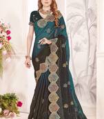 Rama color zari resham embroidery fendy satin silk two tone shade saree with blouse