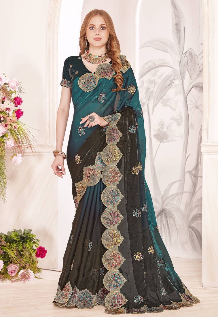Rama color zari resham embroidery fendy satin silk two tone shade saree with blouse