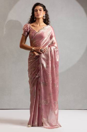 Pink color hand work zharkhan stone satin silk saree with blouse