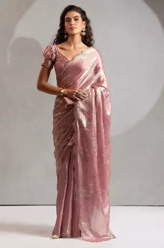 Pink color hand work zharkhan stone satin silk saree with blouse