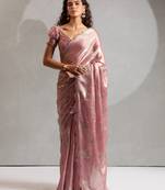 Pink color hand work zharkhan stone satin silk saree with blouse