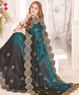 Rama zari resham embroidery fendy satin silk blend two tone shade saree with blouse 2