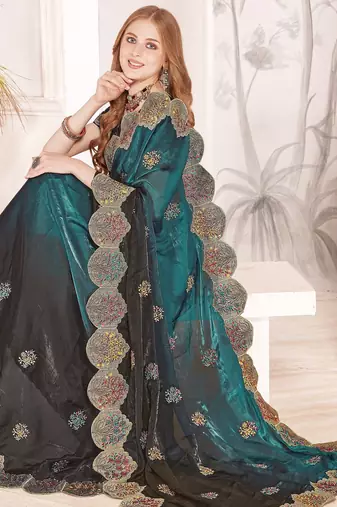 Rama zari resham embroidery fendy satin silk blend two tone shade saree with blouse