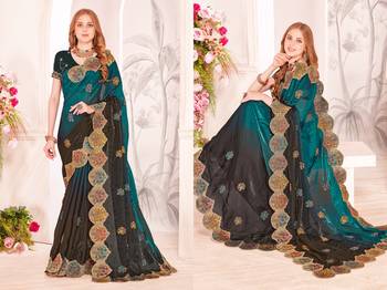 Rama zari resham embroidery fendy satin silk blend two tone shade saree with blouse 3