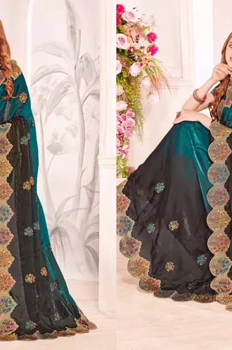 Rama zari resham embroidery fendy satin silk blend two tone shade saree with blouse