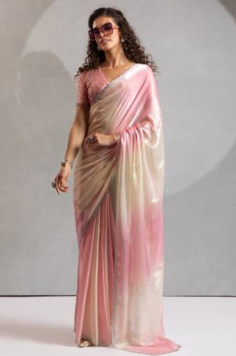Pink color zharkhan beads with stone work fendy silk two tone saree with running blouse