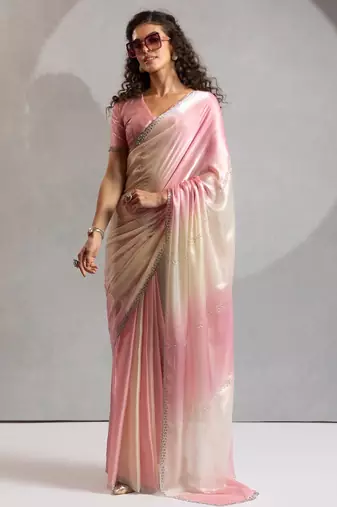 Pink color zharkhan beads with stone work fendy silk two tone saree with running blouse
