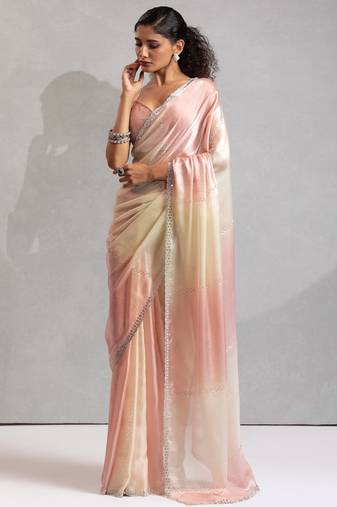 Peach color zharkhan beads with stone work fendy silk two tone saree with running blouse
