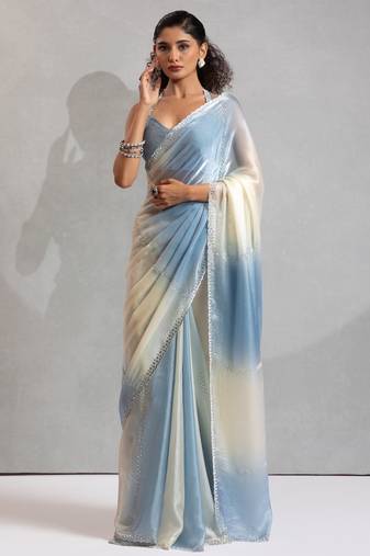 Firozi color zharkhan beads with stone work fendy silk two tone saree with running blouse