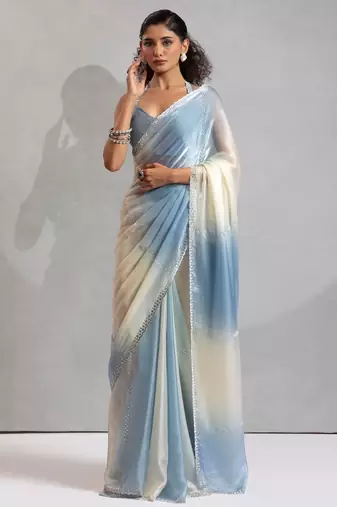 Firozi color zharkhan beads with stone work fendy silk two tone saree with running blouse