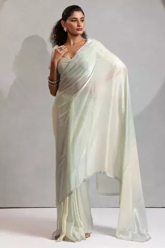 Pista color zharkhan beads with stone work fendy silk two tone saree with running blouse
