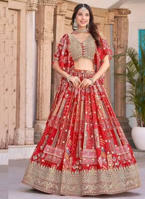Stunning Red Chinon Digital Printed Wedding Lehenga Choli 1