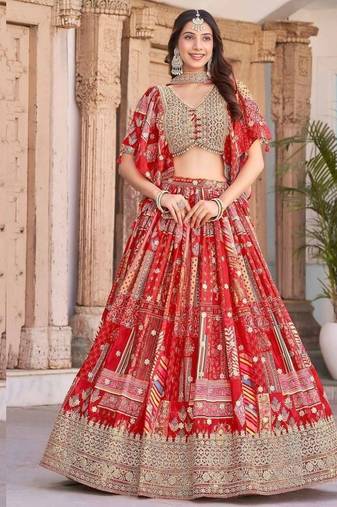 Stunning Red Chinon Digital Printed Wedding Lehenga Choli