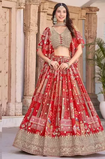 Stunning Red Chinon Digital Printed Wedding Lehenga Choli