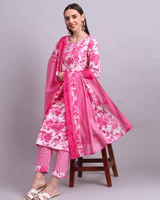 pink cotton floral printed & embroidery work kurta with trousers & dupatta set 1