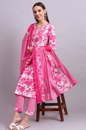 pink cotton floral printed & embroidery work kurta with trousers & dupatta set