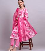 pink cotton floral printed & embroidery work kurta with trousers & dupatta set