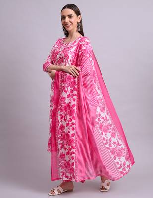 pink cotton floral printed & embroidery work kurta with trousers & dupatta set 2