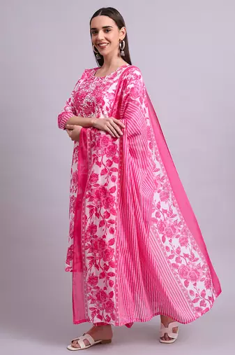 pink cotton floral printed & embroidery work kurta with trousers & dupatta set