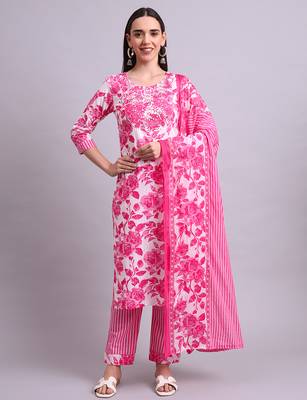 pink cotton floral printed & embroidery work kurta with trousers & dupatta set 3
