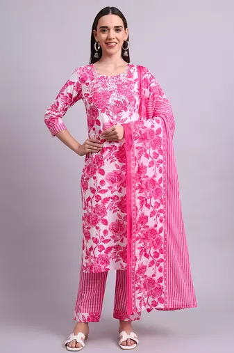 pink cotton floral printed & embroidery work kurta with trousers & dupatta set