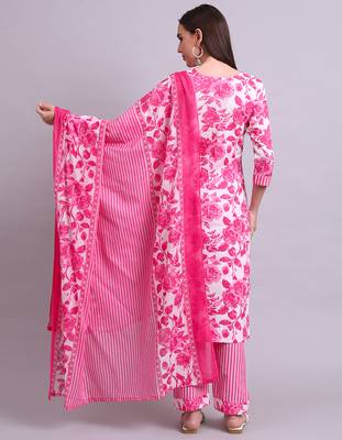 pink cotton floral printed & embroidery work kurta with trousers & dupatta set 4