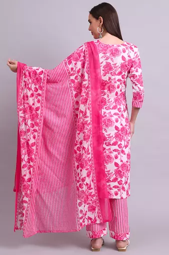 pink cotton floral printed & embroidery work kurta with trousers & dupatta set