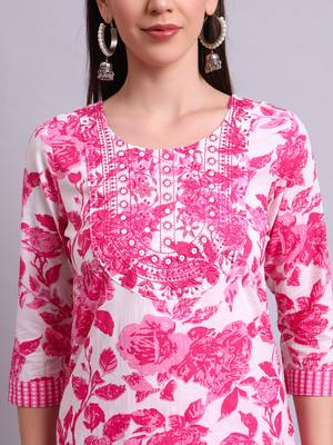 pink cotton floral printed & embroidery work kurta with trousers & dupatta set 5