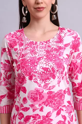 pink cotton floral printed & embroidery work kurta with trousers & dupatta set